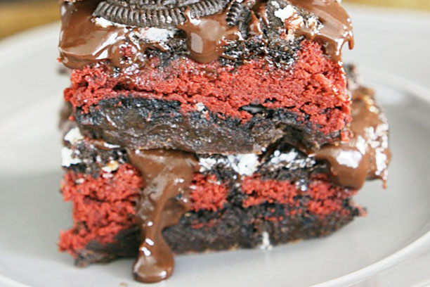 an image of baked red velvet oreo weed brownies